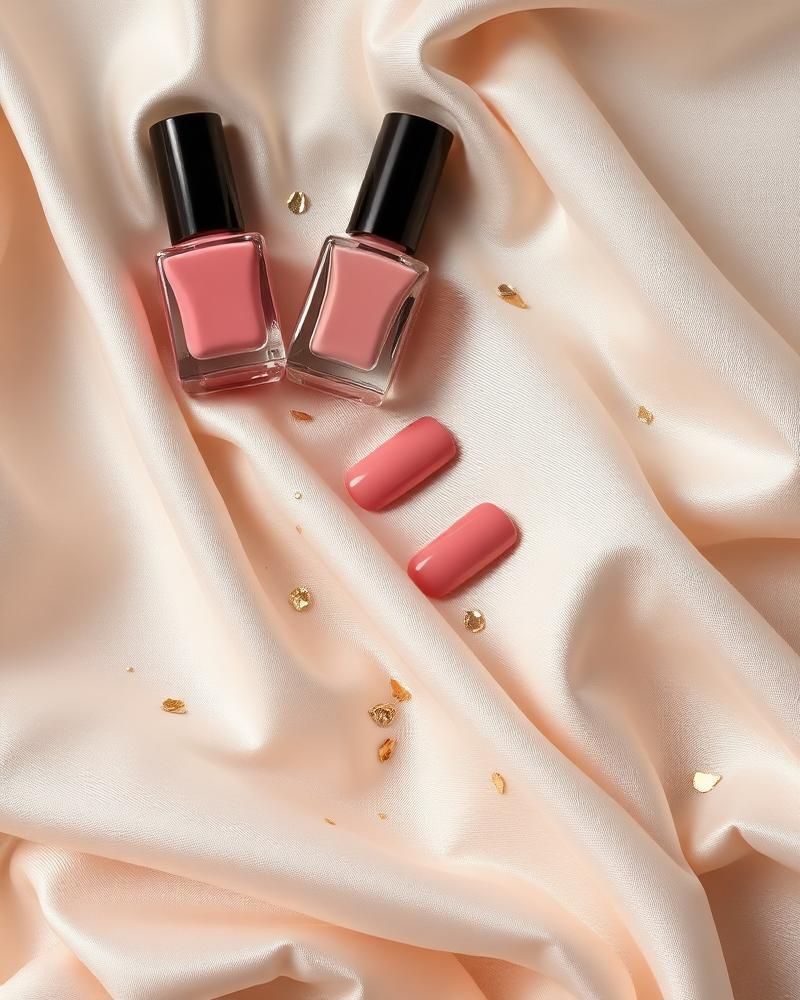 Dusty rose polish bottles with gold leaf on champagne silk