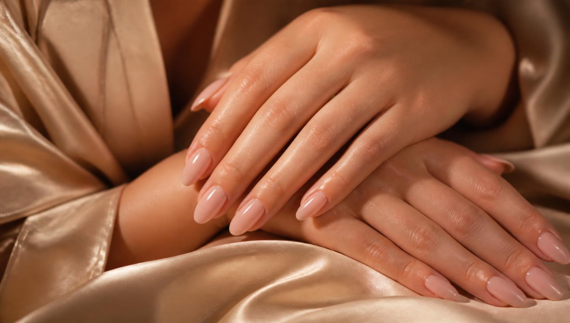 Almond nails with nude polish resting on champagne silk