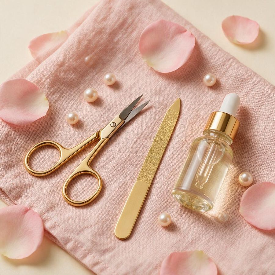 Gold manicure tools and cuticle oil on blush linen
