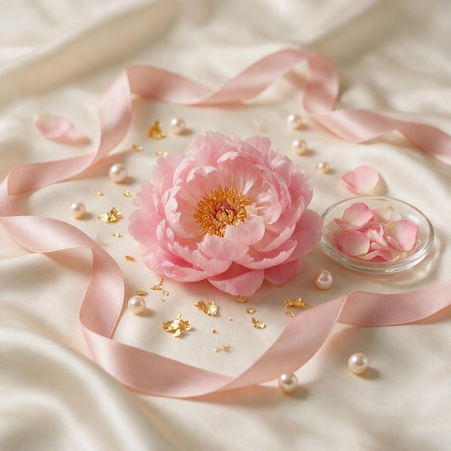 Pink peony with satin ribbon and pearls on ivory silk