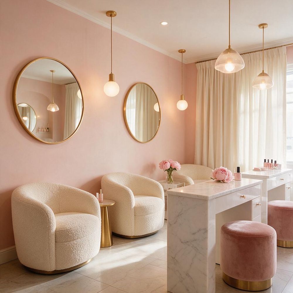 Blush pink boutique salon interior with gold mirrors and cream chairs