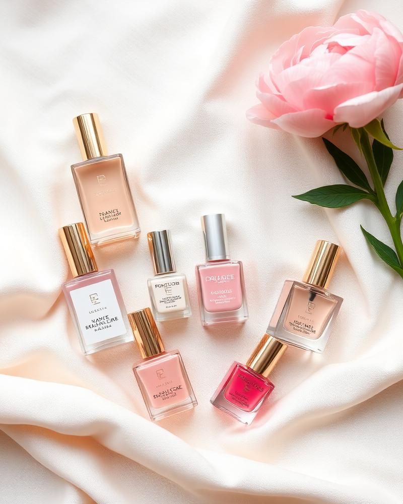 Luxury polish bottles and a pink peony on cream silk